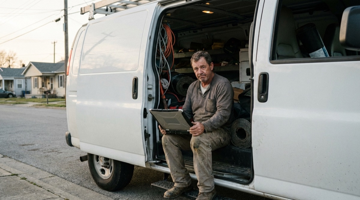 Roofing contractor reviewing local search results on a laptop in a work van